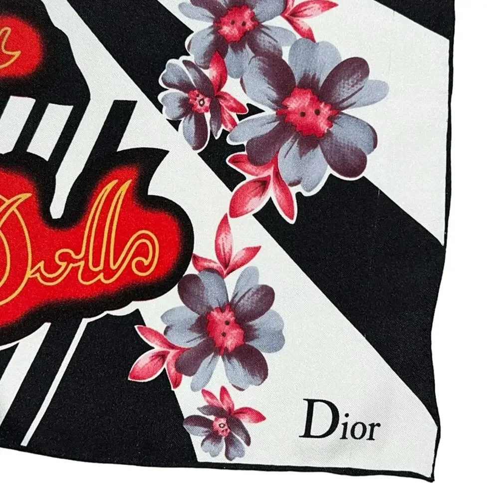 AUTH VTG Christian Dior Dolls Logo Floral Print Silk Large Square Scarf Top